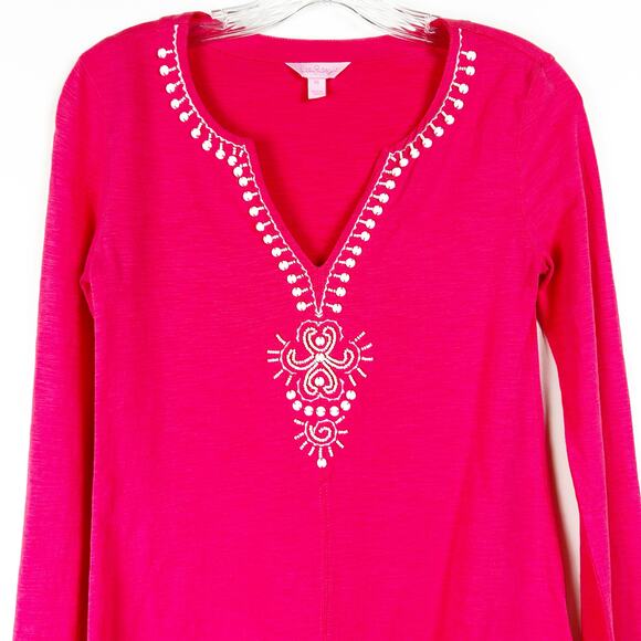Lilly Pulitzer Eliana Tunic Top Coral/White Beaded Roll Sleeves Womens Size XS - Picture 4 of 12